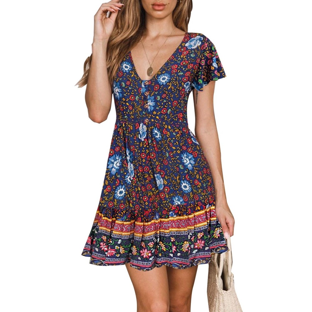 Womens Navy Blue Floral Cotton Boho Mini Dress Short Flutter Sleeve V-Neck L
